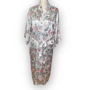 White Pink Rose Print Kimono Robe Floral Dressing Gown Lounge Women’s Size Large